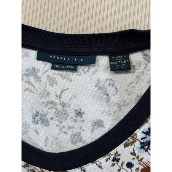 Perry Ellis Men’s XXL Floral Print T-Shirt White Blue Red Pima Cotton Crew Neck - Picture 8 of 10